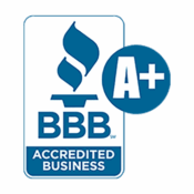 Badge of BBB Accredited Business with an A+ rating, blue background. Ideal for displaying business credibility and trust.
