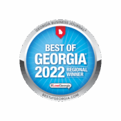 Best of Georgia 2022 Regional Winner badge from Georgia Business Journal with blue and silver design.
