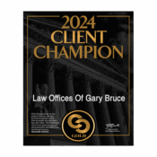 2024 Client Champion award for the Law Offices of Gary Bruce, featuring gold emblem and courthouse backdrop.