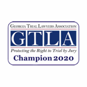 Georgia Trial Lawyers Association logo, GTLA Champion 2020 badge, advocating jury trial rights.