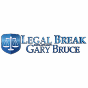 Logo of Legal Break with scales of justice icon. Text reads Gary Bruce. Dark background.