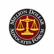 Million Dollar Advocates Forum logo with gold scales of justice on a red circle background.
