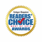 Ledger-Enquirer Readers’ Choice Best of 2019 Awards badge with a gold border and red check mark.